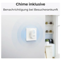 Eine weiße Türklingel an der Wand mit blauer Schallwelle. Text oben: 'Chime inklusive. Benachrichtigung bei Besucherankunft.'